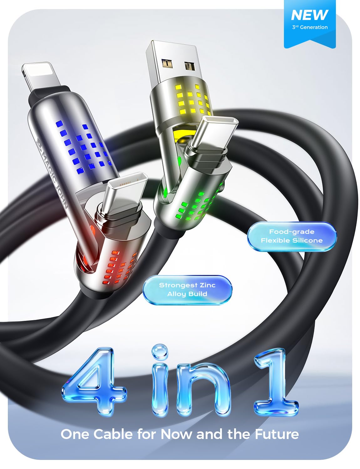 MAGIC JOHN 240W 4 in 1 Charging Cable, 6.6FT USB C to Lightning Cable [MFi Certified], Multi Chargers for All Devices, Chubby USB A/C to C/Lightning with Light for iPhone/MacBook/iPad/Samsung/Switch 2