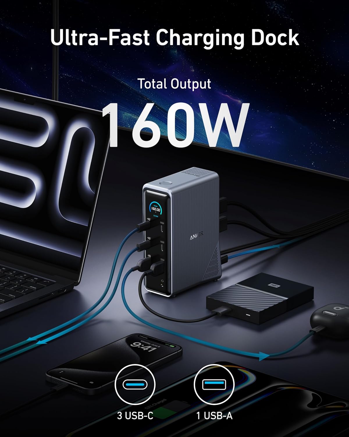 Anker Prime Docking Station, 14-in-1 Laptop Docking Station Dual Monitor | Dual 4K HDMI, 160W Max Output, 10Gbps Data Transfer, Smart Interface, Audio and Ethernet Ports for Dell, HP, Lenovo and More