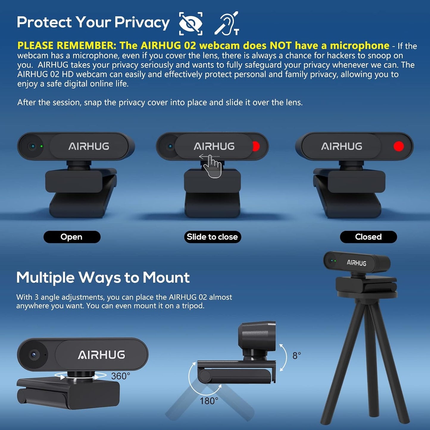 AIRHUG 2K Webcam No Mic with Privacy Cover, USB Camera for Computer | Plug & Play, Without Audio, 78° Wide-Angle, For Streaming and Conferencing