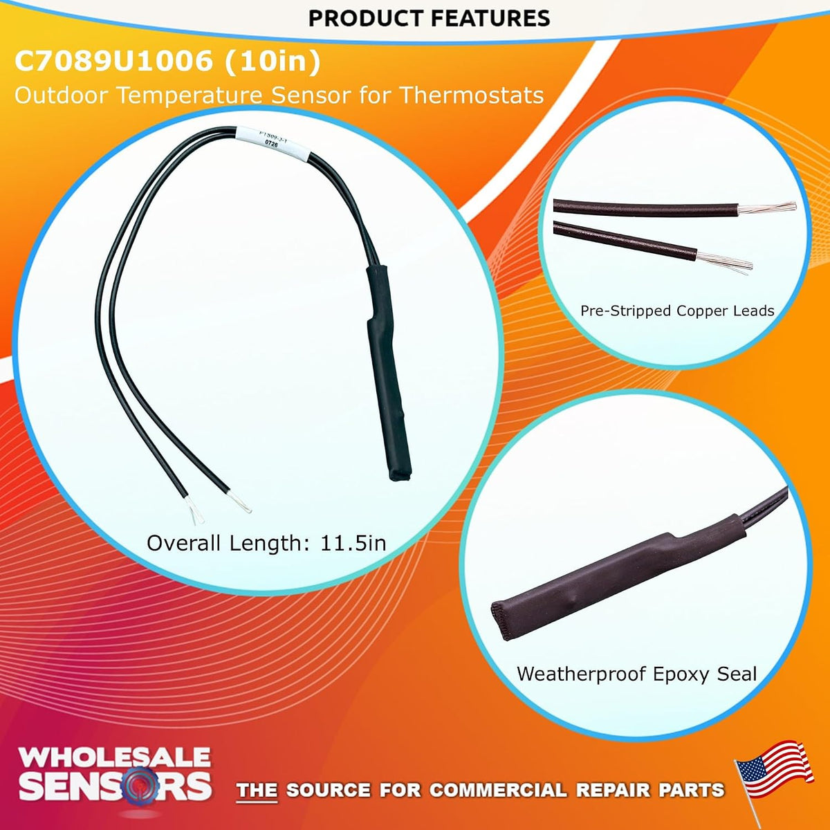Replacement Honeywell C7089U1006 Outdoor Temperature Sensor with 10" Wire Leads, 12 Month Warranty & USA Support