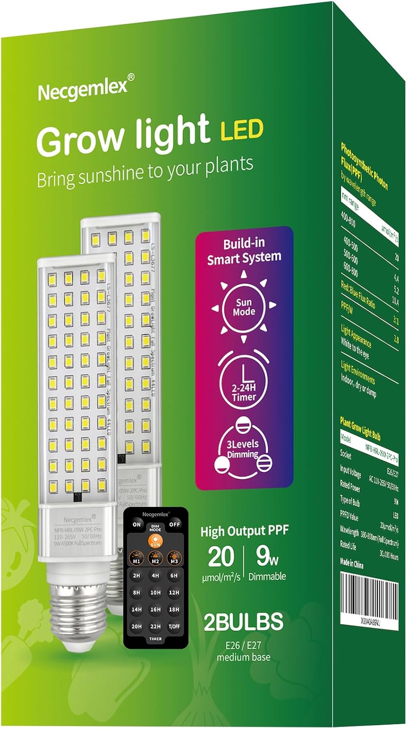 Smart LED Grow Light Bulbs for Gooseneck Clamp Light - Dimmable, Sun Mode Dimming, Auto On/Off Timer, Remote Control - Full Spectrum for Indoor Plant Growth - Mimics Real Sunshine
