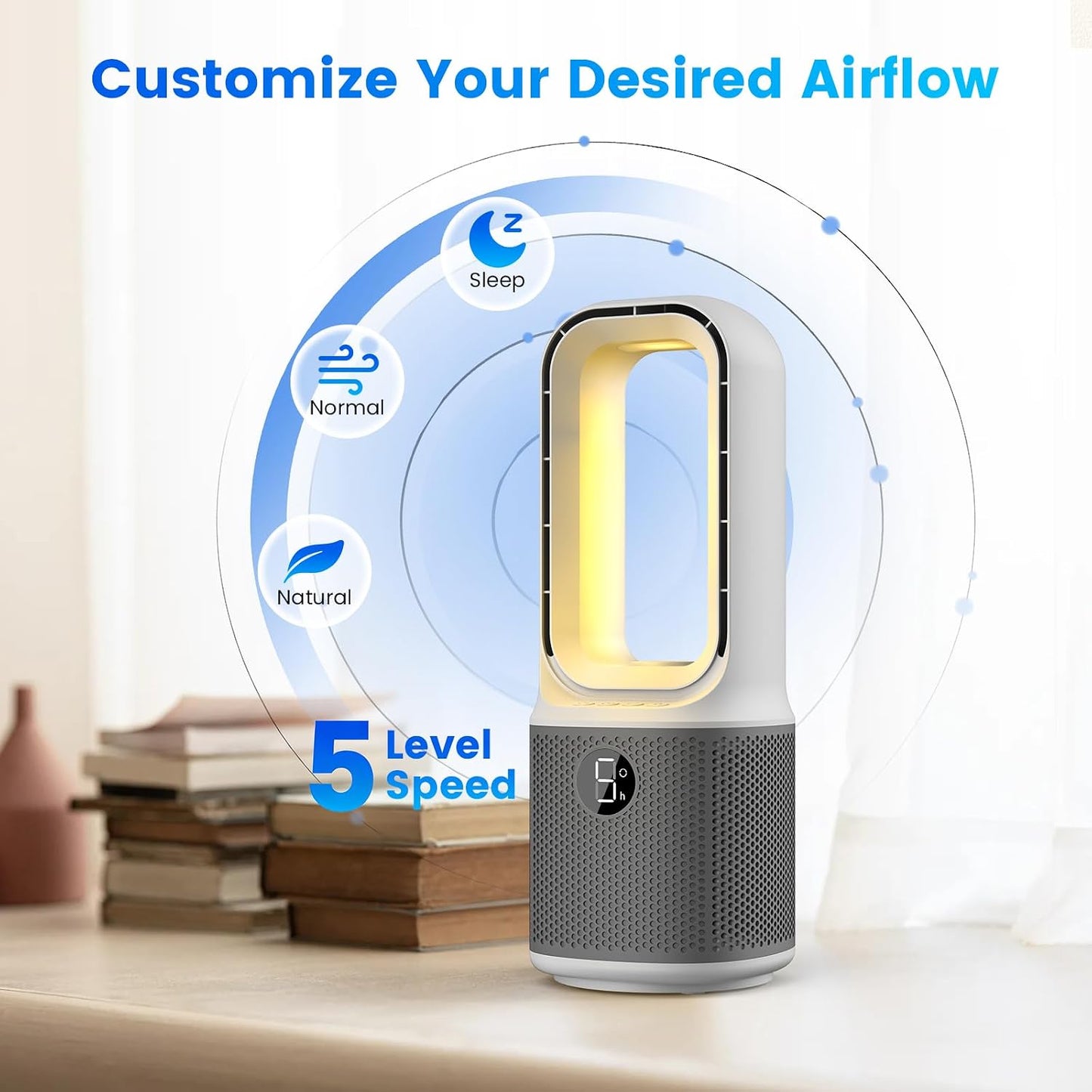 Misby Desk Fans Small Quiet, 13 Inch Bladeless Table Fan, 5 Speeds, 70° Oscillating Fan with Night Light and Timer, Desktop Cooling Fan for Bedroom, Office, Nightstand