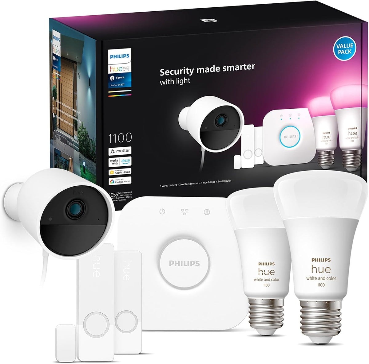 Philips Hue Secure Starter Kit - Includes 3 Secure Contact Sensors (White), 1 Indoor Motion Sensor, 1 Bridge, 2 White & Color Ambiance Smart Bulbs - Easy to Install, Works with Hue App