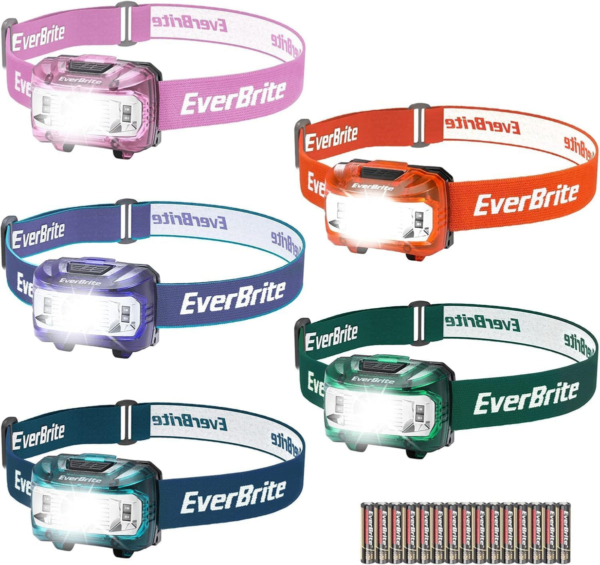 EverBrite Headlamp, 5 Pack LED Head Lamp for Kids & Adults, Red Light | Batteries Included, 300 Lumens, White Red & Green Light Modes, Memory Function, Adjustable Beam, Camping, Hiking, Emergency