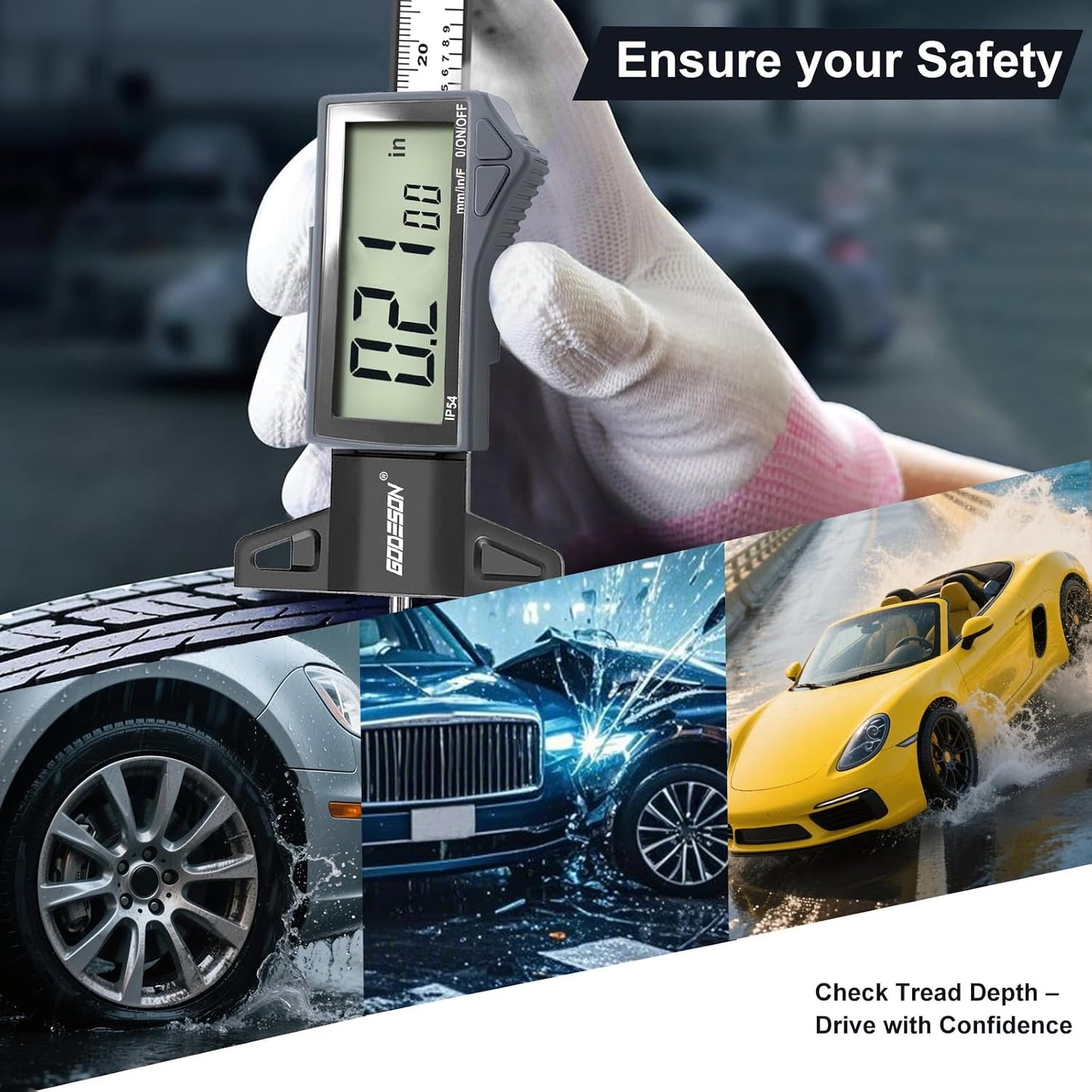Digital Tire Tread Depth Gauge - IP54 Waterproof, 2.5" LCD Screen, 3 Modes (Fraction/Inch/MM), 1" Range, Auto-Off, Tire Wear Measure Gauge Tool 32nds for Car, Truck & SUV Tires
