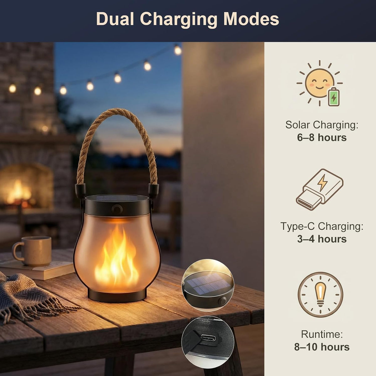 Solar Lanterns Outdoor Waterproof 4-Pack, Flickering Flame Effect | Rechargeable lanterns with USB-C charging, a decorative hanging design, and dusk-to-dawn use for patios, porches and gardens