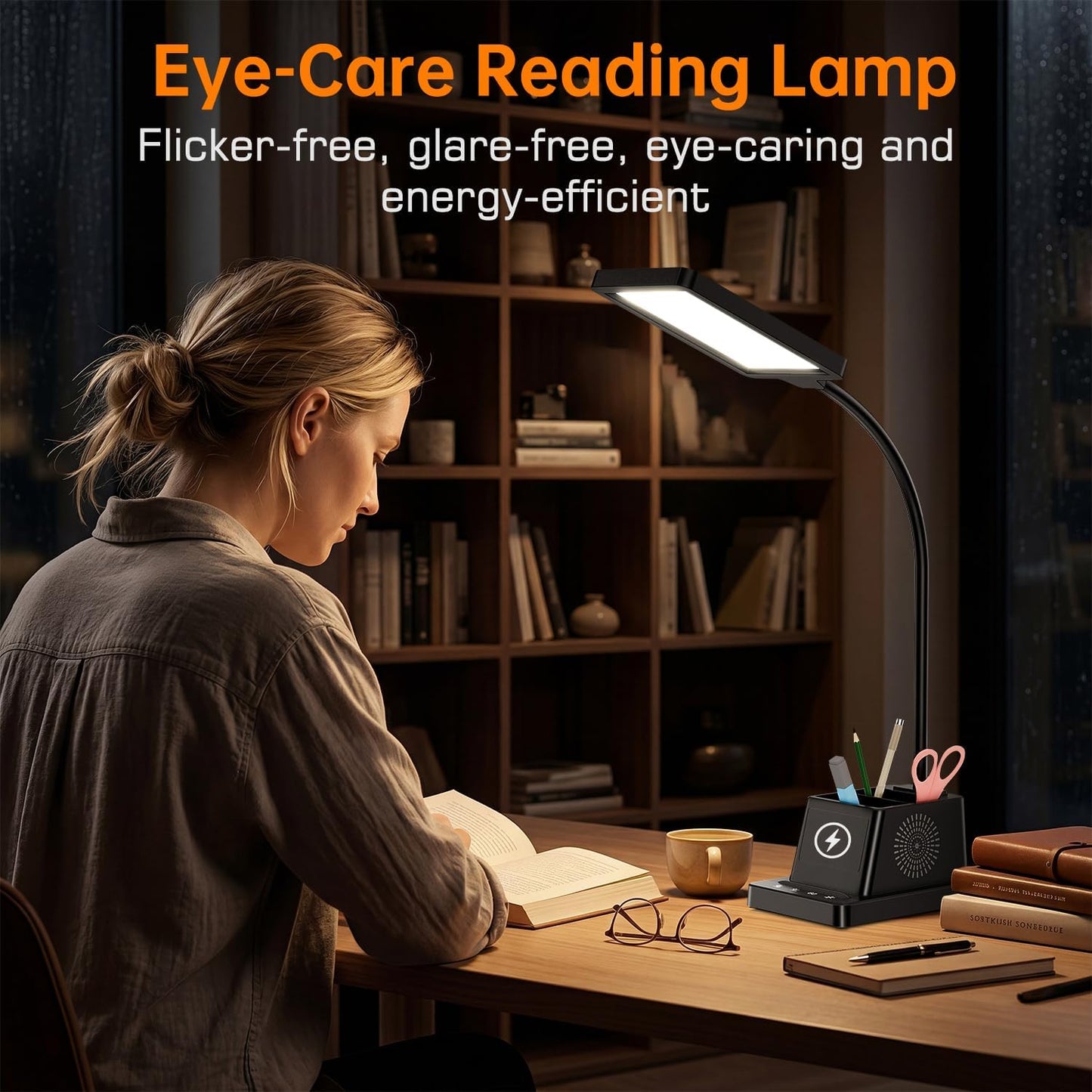 LED Desk Lamp for Dorm Office, 15W Wireless Charger Pen Holder, Black | Desk lamps for Home Office, 15W Wireless Charger, 3 Color Modes 4 Brightness Leves CRI 95, 800 LM Small Table Lamp for Dorm