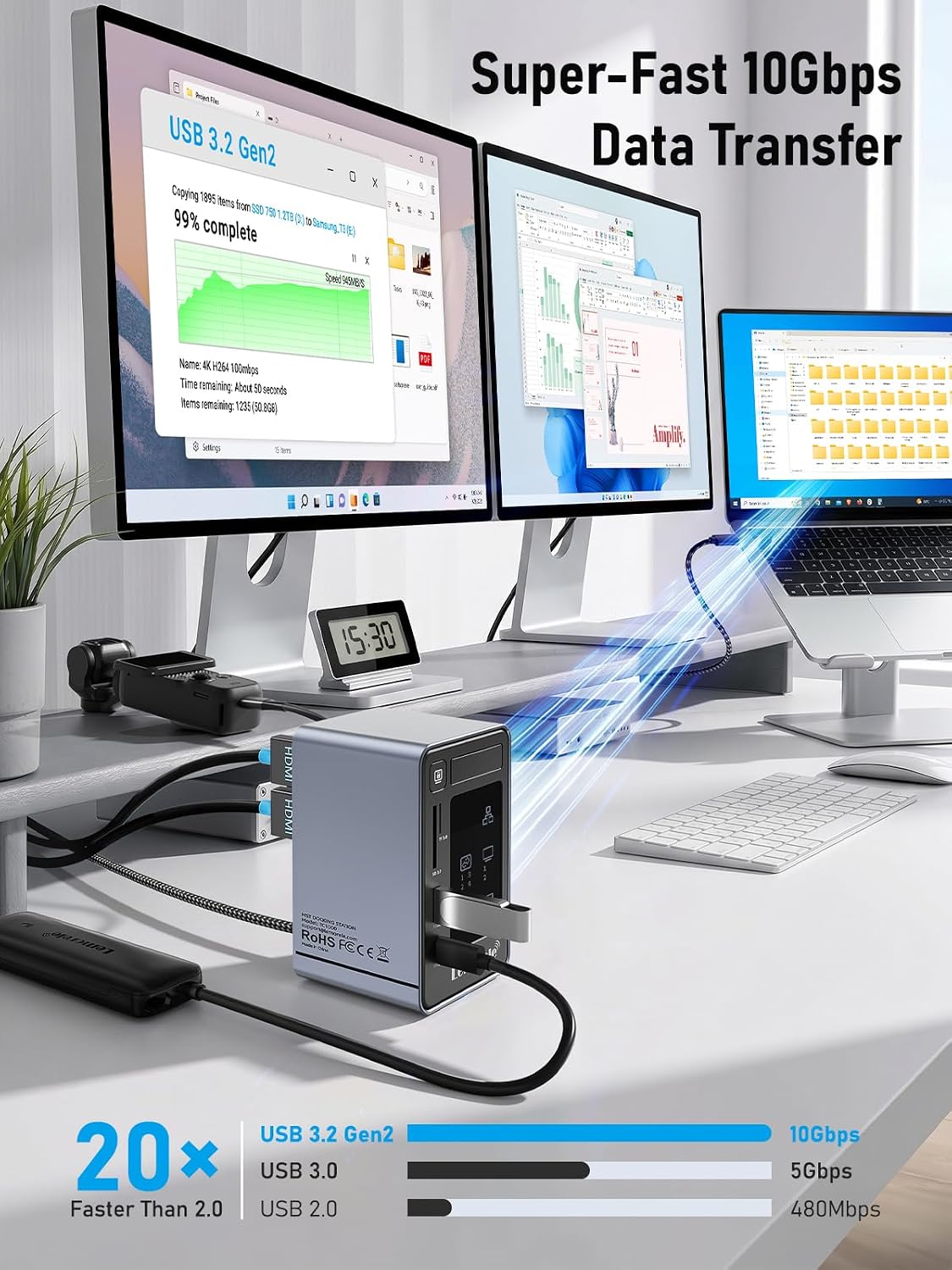 Lemorele Aluminum USB C Docking Station 2HDMI DP 4K 100W Gigabit LAN Hub