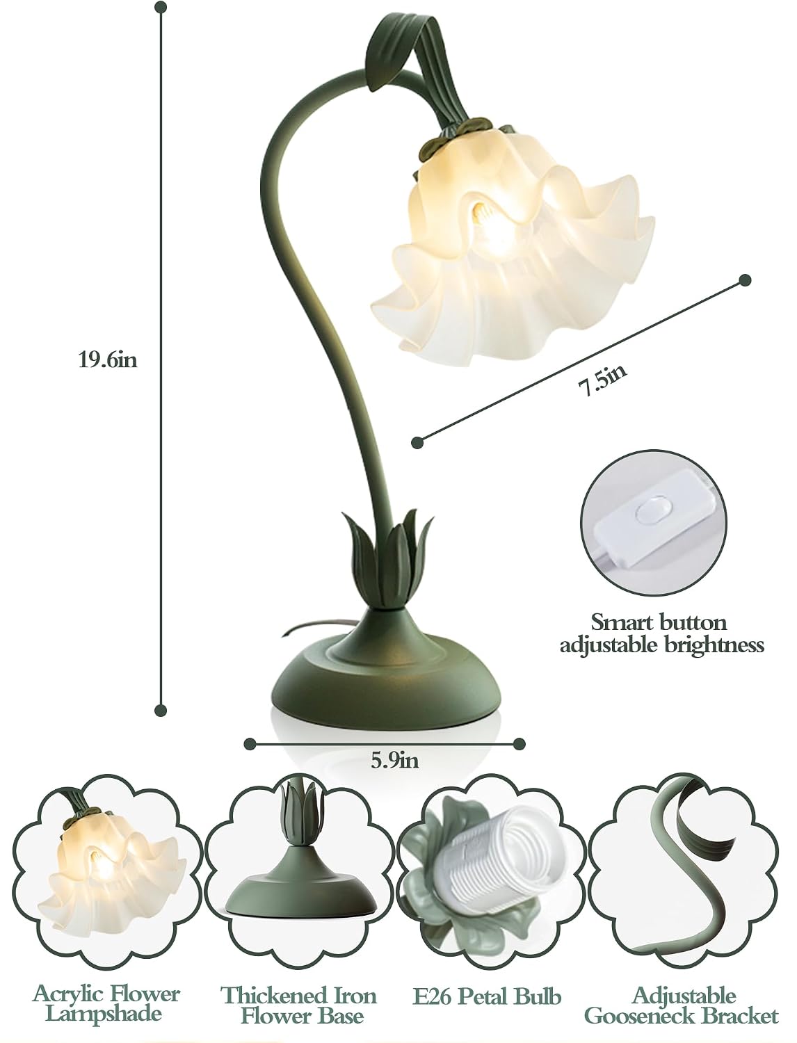 Flower Table Lamp, LED Reading Light Bedside Vintage Night Light (Green) | 3 Colors Modes Kawaii Flower Lamps Decor,Living Room Bedroom Lighting Table Lamps Home Decoration