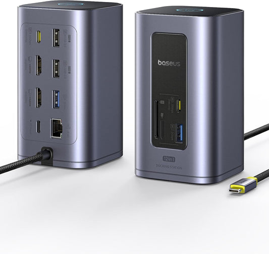 Baseus Nomos Air 12-in-1 Docking Station with 2 Monitors for Windows | Docking Station with 4K HDMI, 10Gbps USB-C/A, SD/TF Card Reader, 100W PD, Gigabit Ethernet, Compatible with Laptops