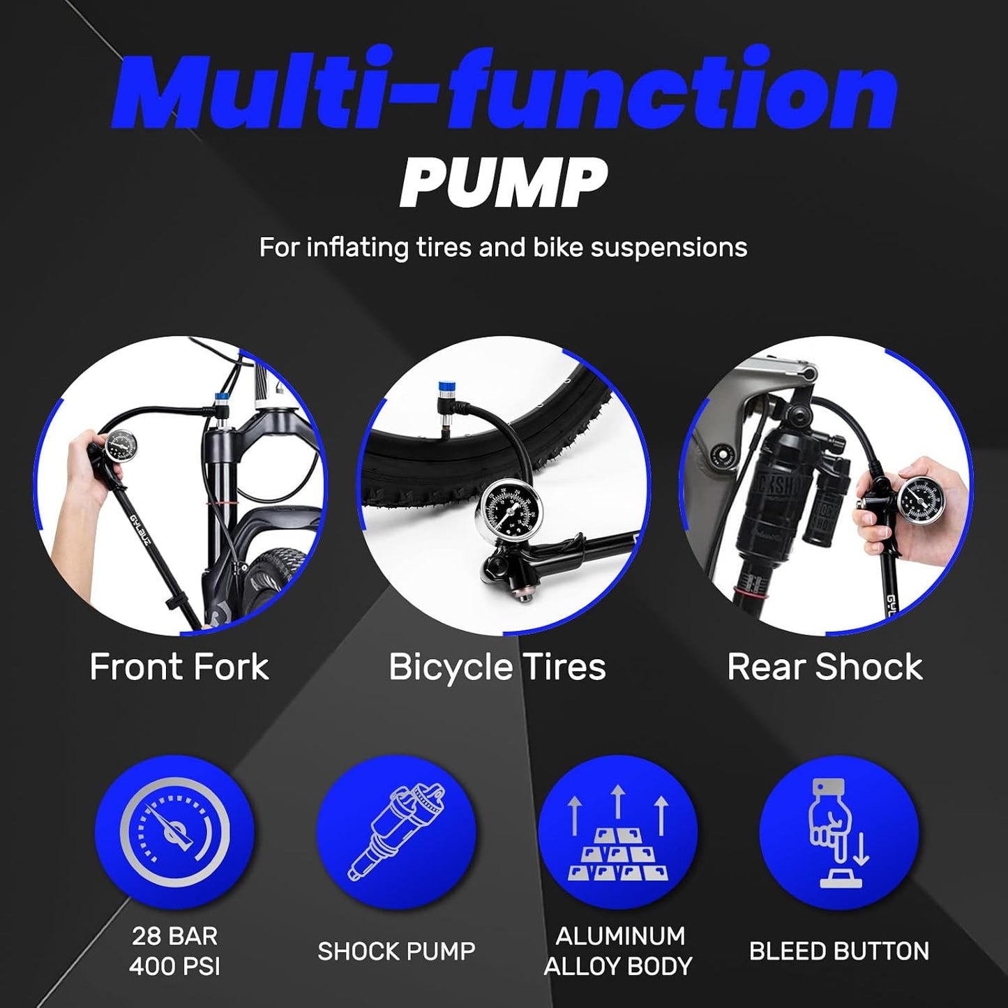 High Pressure Shock Pump: Bike Shock Air Pump with Gauge 400 PSI for Fork and Rear Bicycle Suspension,Mini Mountain Bicycle Pump Fits Schrader Valve