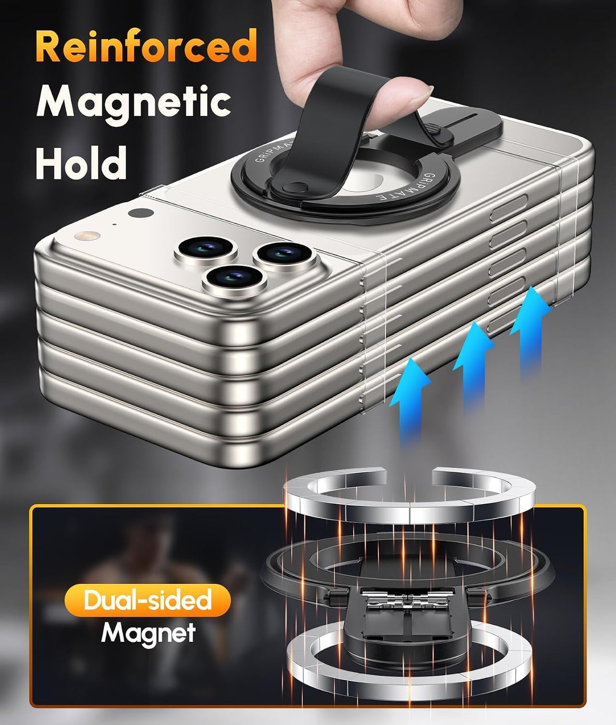 GripMate 2nd Magnetic Phone Ring Holder for MagSafe, Removable Finger Loop Phone Ring Grip, Two-Sided Magnet, Vertical & Horizontal Kickstand, Compatible with iPhone 17 Pro Max 16 15 14 13 12