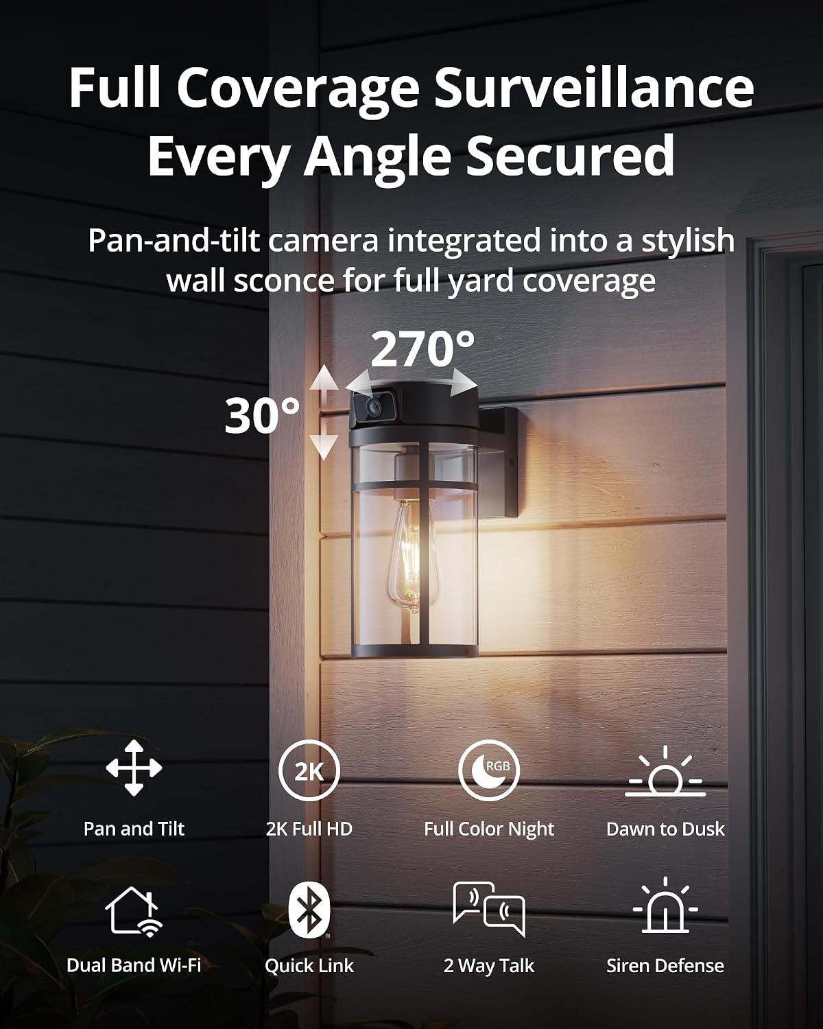 Outdoor Porch Light Security Camera, 2K HD Live View Wi-Fi Human Detection, Pan & Tilt, Two-Way Talk, Cloud/SD Storage, Wall Lantern Sconce Camera for Porch, Garage, Doorway, Works with Alexa/Google