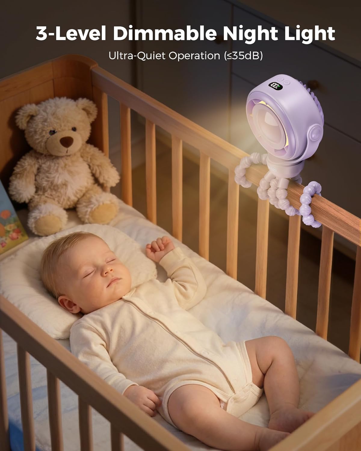 SWEETFULL Baby Stroller Fan, Safe Portable Fan, 15H Use, Nightlight- Purple | Pinch-Proof Design; 4000mAh Rechargeable; Stable Mini Clip On Fan; 360° Adjustable; 4-Speed Quiet; LED Display; Car Seat Crib