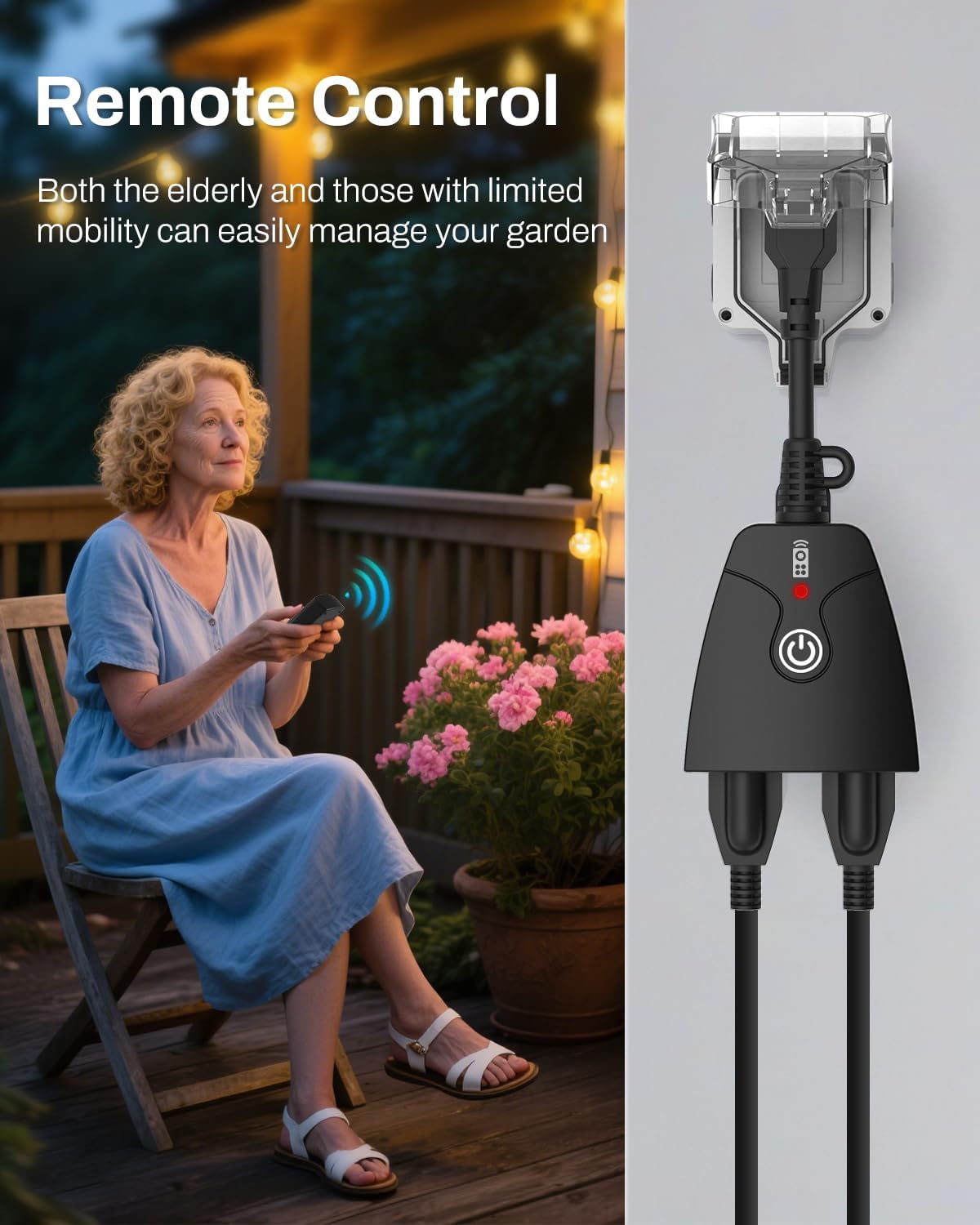HBN Remote Control Outlets Outdoor Waterproof Indoor Wireless Light Switch | 3-Prong Dual Plugs In On Off Remote Outlet with 1 Outlet 1 Remote (Battery Included),6 Inch Cord, 100FT,15A/1875W, ETL Listed