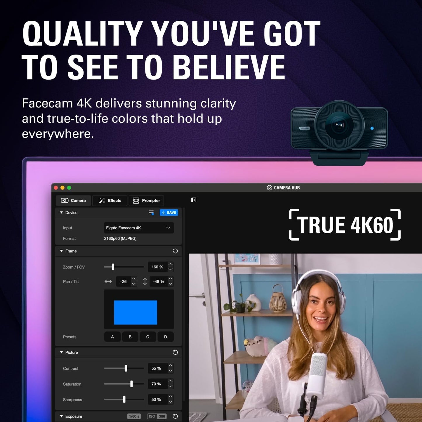 Elgato Facecam 4K, 4K60 Studio Webcam, DSLR-Like Control | Sony STARVIS 2 sensor, 49mm lens filter support, Uncompressed video, HDR support, Eco-friendly build, USB-C