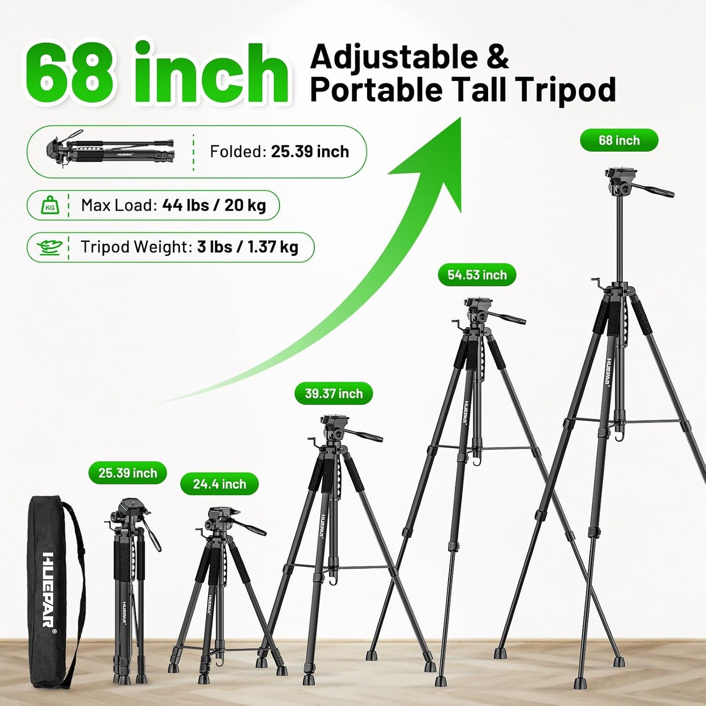 Huepar Professional Laser Level Tripod, Fathers Day Dad Gifts, 68 Inch Adjustable Height, Suit for Heavy Duty Lasers Levels, Point Laser, Distance Measure - Phone Holder, 1/4" & 5/8" Thread Mount