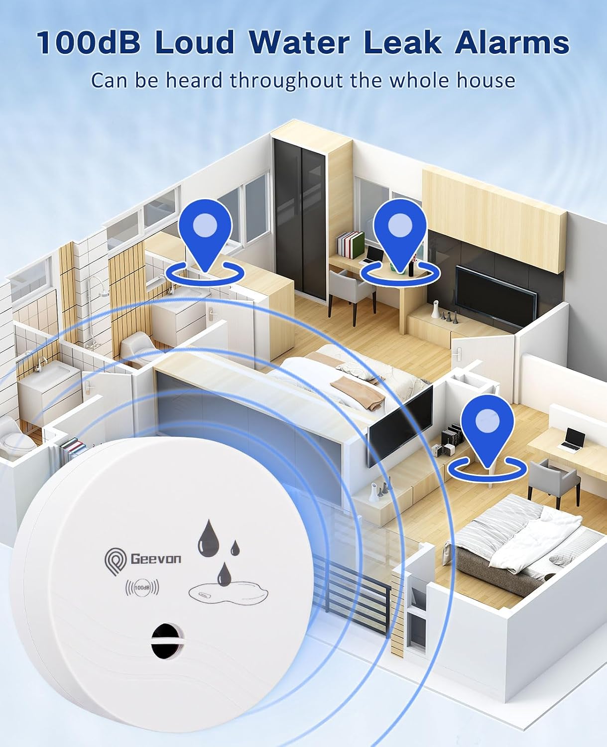 Geevon 2 Pack Water Leak Detectors,100dB Sensor Alarms for Home | Flood Leak Detectors for Basement,Bathroom,Laundry Room,Sink,Garage,Wine Cellar,RV and Window,Water Alarms with Batteries