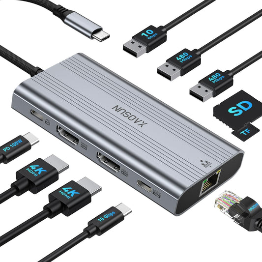 XAOSUN USB C Docking Station 4K@60Hz Dual Monitor, 10 in 1 USB C Hub, Grey
