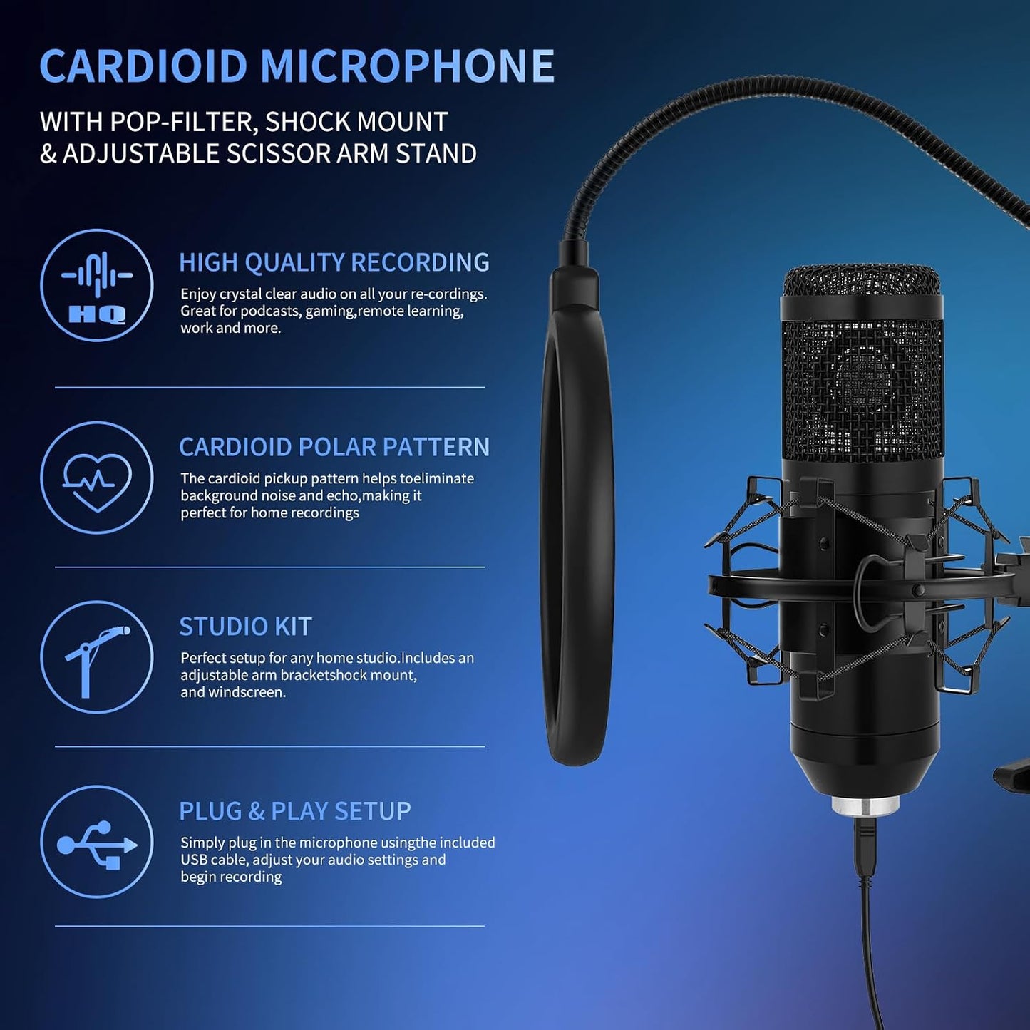 GUHUS USB Condenser Microphone,Computer PC Microphone Kit with Adjustable Boom Arm Stand Shock Mount for YouTube Vocal Gaming Streaming