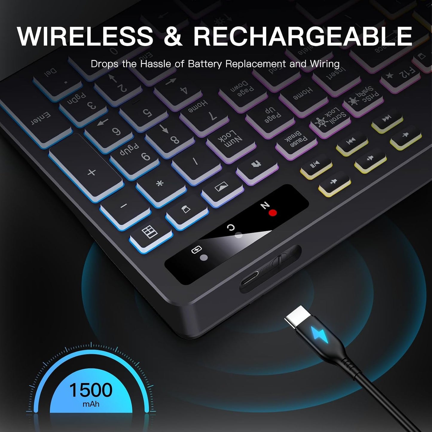 Soueto Wireless Keyboard with 7-Color RGB Backlit, Full-Size Computer Keyboard with Phone Tablet Holder, 2.4G Rechargeable Gaming Keyboard with Light Up Keys, Compatible with Mac, Windows (Black)