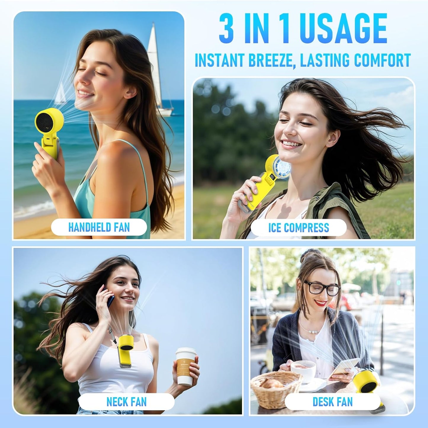 PlayHot Portable Handheld Cooling Fan, Travel Essentials, Gifts for Women | Instant Cooling, 10m/s Airflow, 5-Speed, 10H Max, USB-C Rechargeable, LED Display, 3-in-1 Foldable for Cruise, Beach Vacation