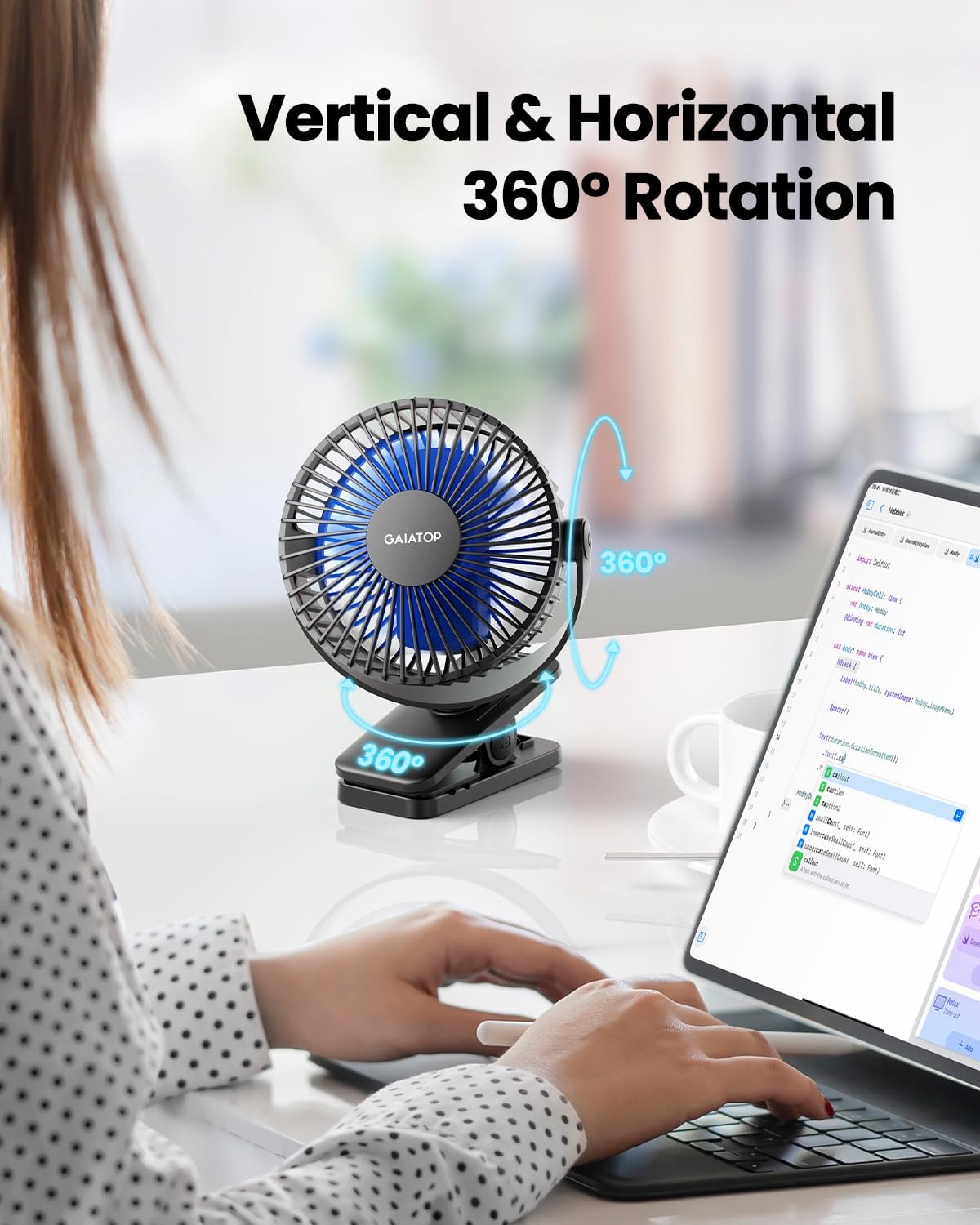 Gaiatop Portable Clip on Fan, Mini Personal Quiet Rechargeable Fan | Battery Operated, Small 3 Speed 360° Rotate, Cooling for Desk Table Home Office Stroller Camping Women Gifts Black Blue
