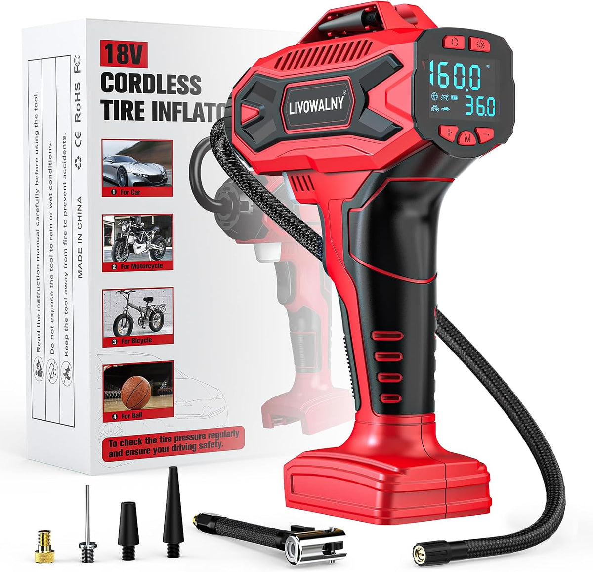 Tire Inflator Air Compressor Compatible with Milwaukee 18V Battery, LIVOWALNY 160 PSI Cordless Portable Electric Air Pump 2026 Bigger LCD Digital Pressure Gauge for Car, Bike, Sport Ball (Tool Only)