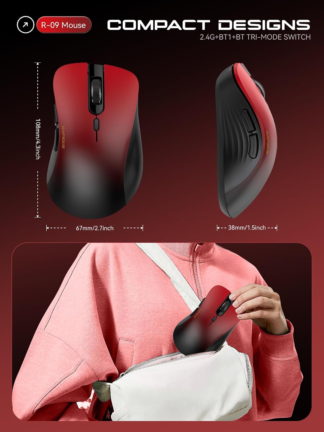 RAPIQUE Bluetooth Wireless Mouse, Dual Bluetooth & 2.4 GHz, Gradient Red | Quiet Clicks, Right-Hand Ergonomic 6 Button, Adjustable DPI, AA Battery, 3-Device Switching for Laptop, PC, Tablet, MacBook