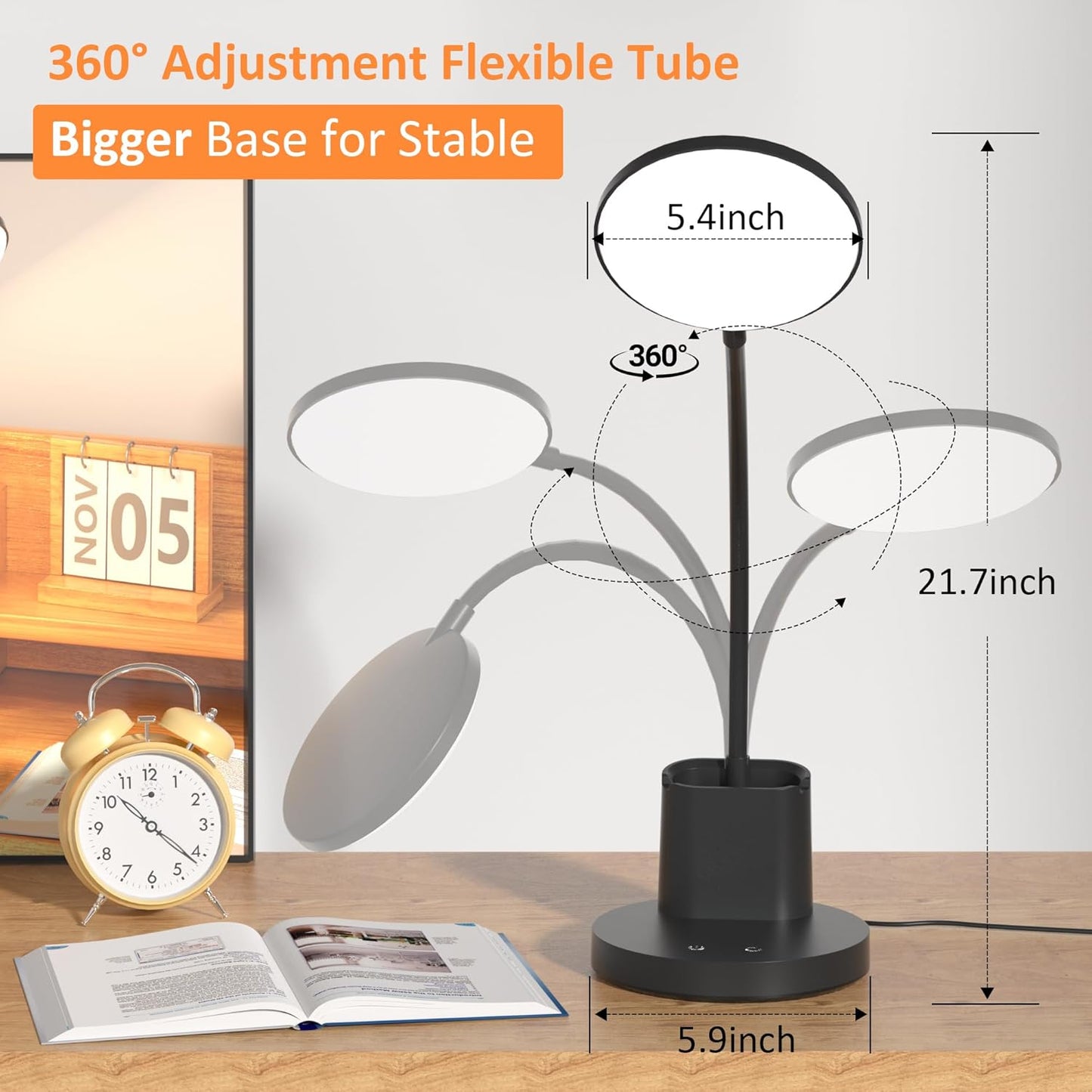 LED Desk Lamp for College Dorm with Pen Phone Holder, Black | 3 Color Modes Dimmable Desk Light, College Dorm Essentials, 360° Adjustable Arm, Eye-caring Bedside Reading Lamp, 800 Lumen