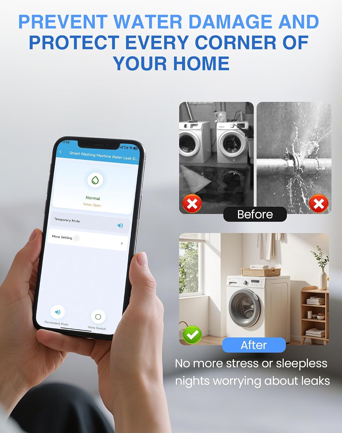 WiFi Washing Machine Water Leak Detector Kit with App Alerts & Sound Light Alarm, Dual Power Supply, High-Precision Sensor, Automatic Hot & Cold Shut-Off Valves (3/4" 90°)