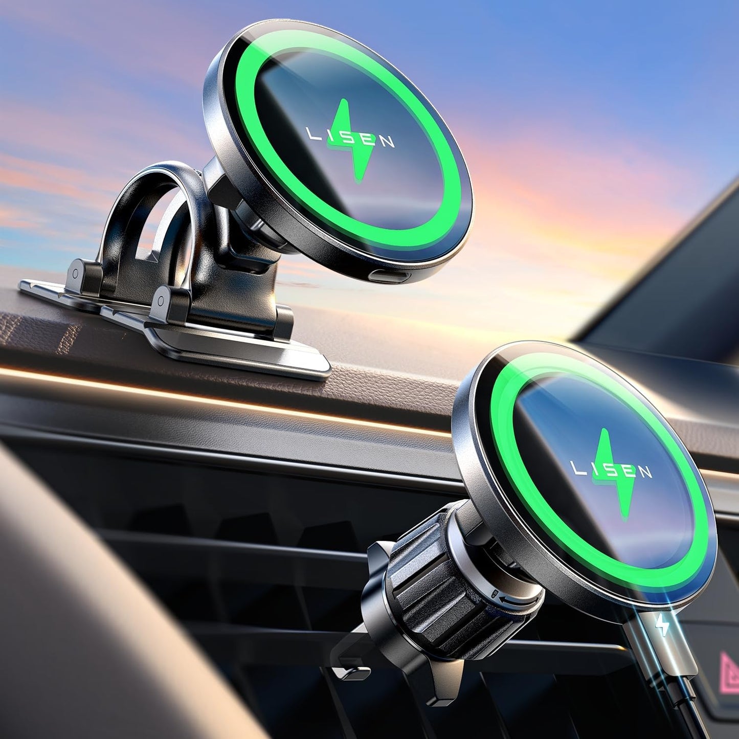 LISEN 15W MagSafe Car Mount Charger, Magnetic Phone Holders for Your Car | [Dual Mounting Type for 99% Vehicles] Magsafe Car Mount,15W Magnetic Wireless Car Charger Car Accessories for iPhone 17-12