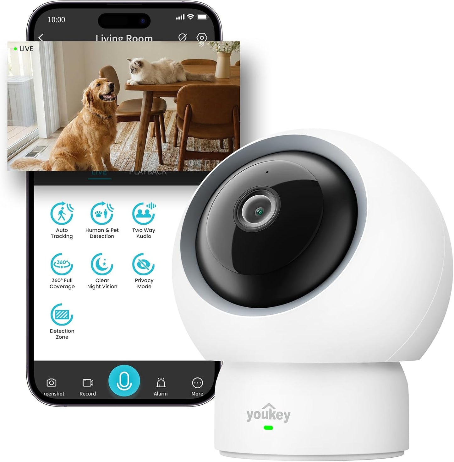 youkey 2.5K Indoor Pet Security Camera, Two-Way Audio Chat to Your Pets, AI Pet/Human Detection, 360° AI Human Tracking, Privacy Mode, No Monthly Fees, Night Vision, WiFi 6（2.4GHz & 5GHz）