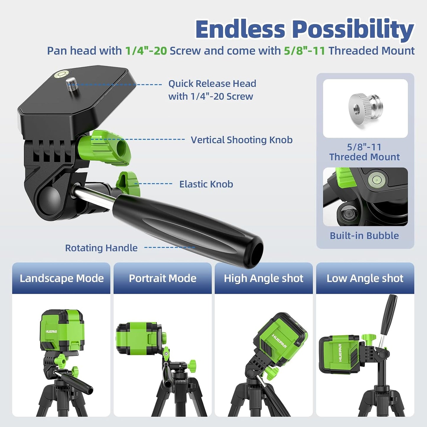Huepar 60-Inch Lightweight Tripod Portable Adjustable Tripod for Laser Level with 3-Way Swivel Pan Head, 2 Bubble Levels, 1/4" and 5/8" Thread Mount for Varieties Tools, Only for Indoor Basic Work
