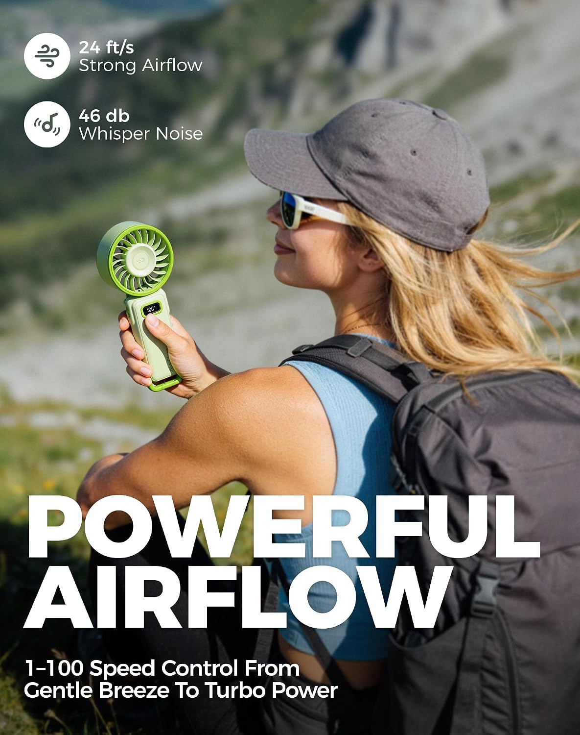Diveblues Portable Turbo Fan, 100 Speed Handheld Fan with Strong Airflow, Foldable 4 in 1 Personal Fan for Neck, Desk & Travel, USB-C Rechargeable, Lightweight for Summer, Concerts & Outdoor Use