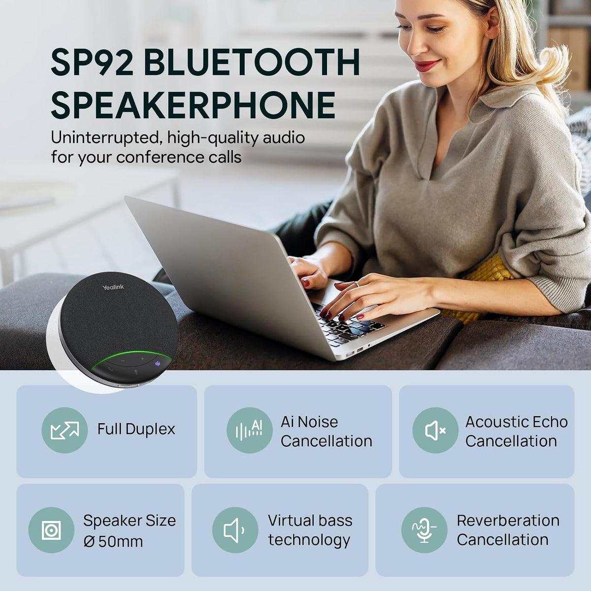 Yealink SP92 Conference Speaker and Microphone with AI Noise Cancellation, 20H Call Time, 13ft Pick-up, 360 Omni Mic 50mm Full-Duplex Speaker, Bluetooth 5.3 USB Speakerphone for Teams