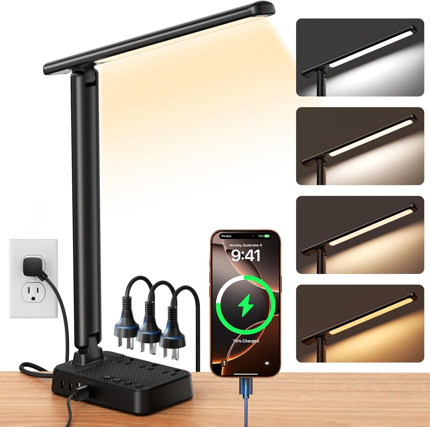 LED Desk Lamp with Power Strip, 3 AC Outlets, 4 USB Ports, Stepless Dimming | 2800K-6500K Color, 2 USB-C, Foldable Design, Timer & Memory, Study, Home Office & College Dorm