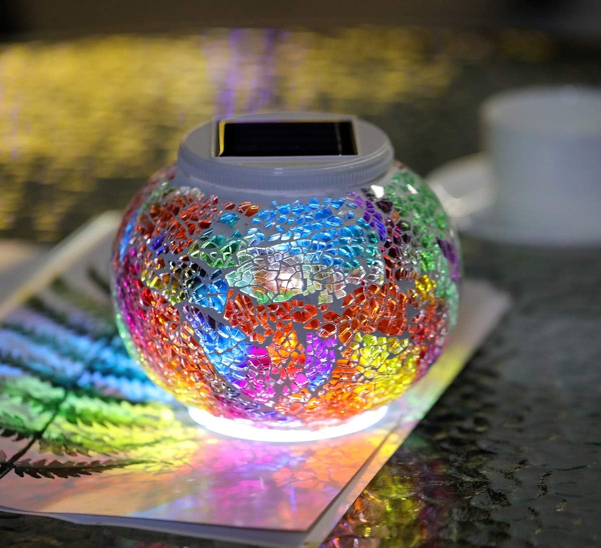 WSgift Color Changing Solar Powered Glass Mosaic Ball Led Garden Lights, Rechargeable Solar Table Lights, Outdoor Waterproof Solar Night Lights Table Lamps for Decorations, Ideal Gifts