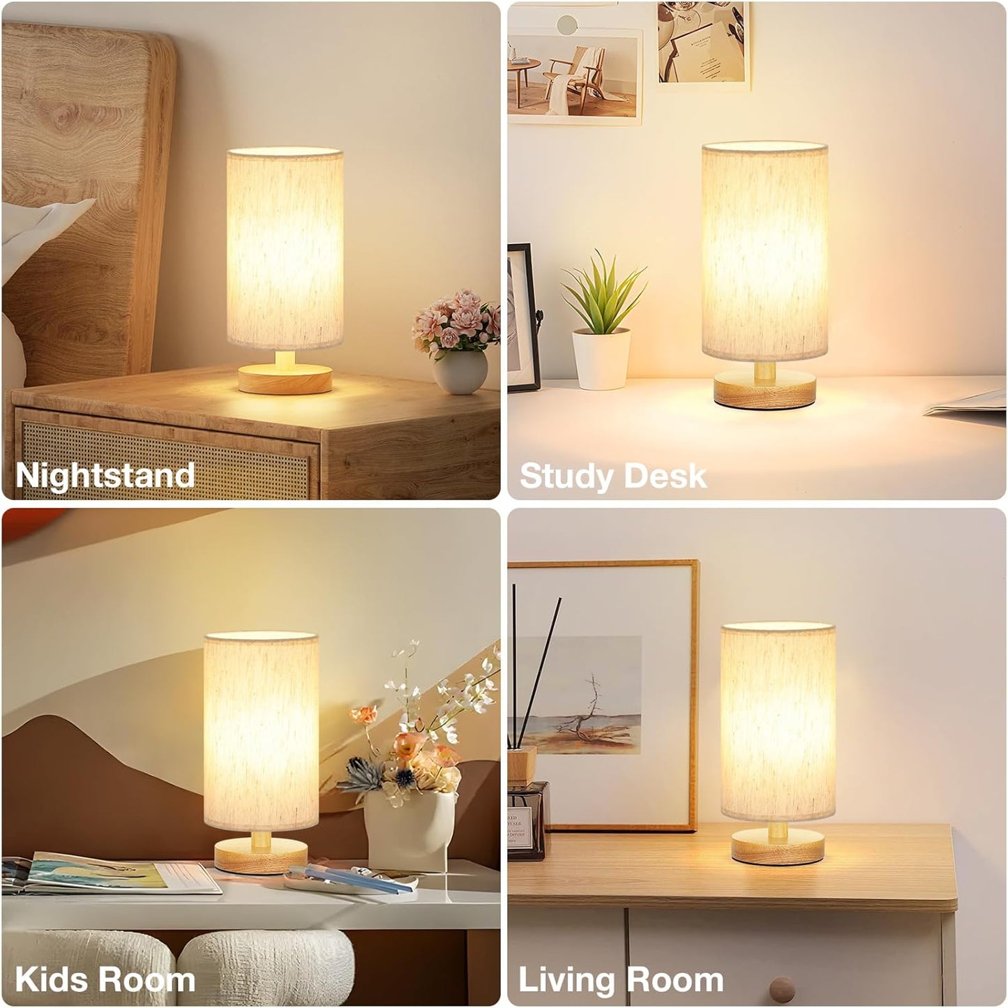 9" Small Table Lamp for Bedroom - Inline Control with 3000K Blub | Cream Shade and Wood Base | 680 Lumens | Easy Assembly | Minimalist Design | E26 | for Kitchen | for Kids Room