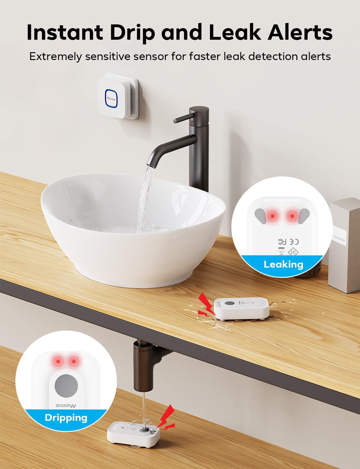 MAXCIO Wi-Fi Water Leak Detector, Smart Water Wireless Sensor with 110dB Adjustable Alarm, APP, SMS, Phone Notifications, 1640ft Transmission Range, Suitable for Basement, Bathroom and Kitchen