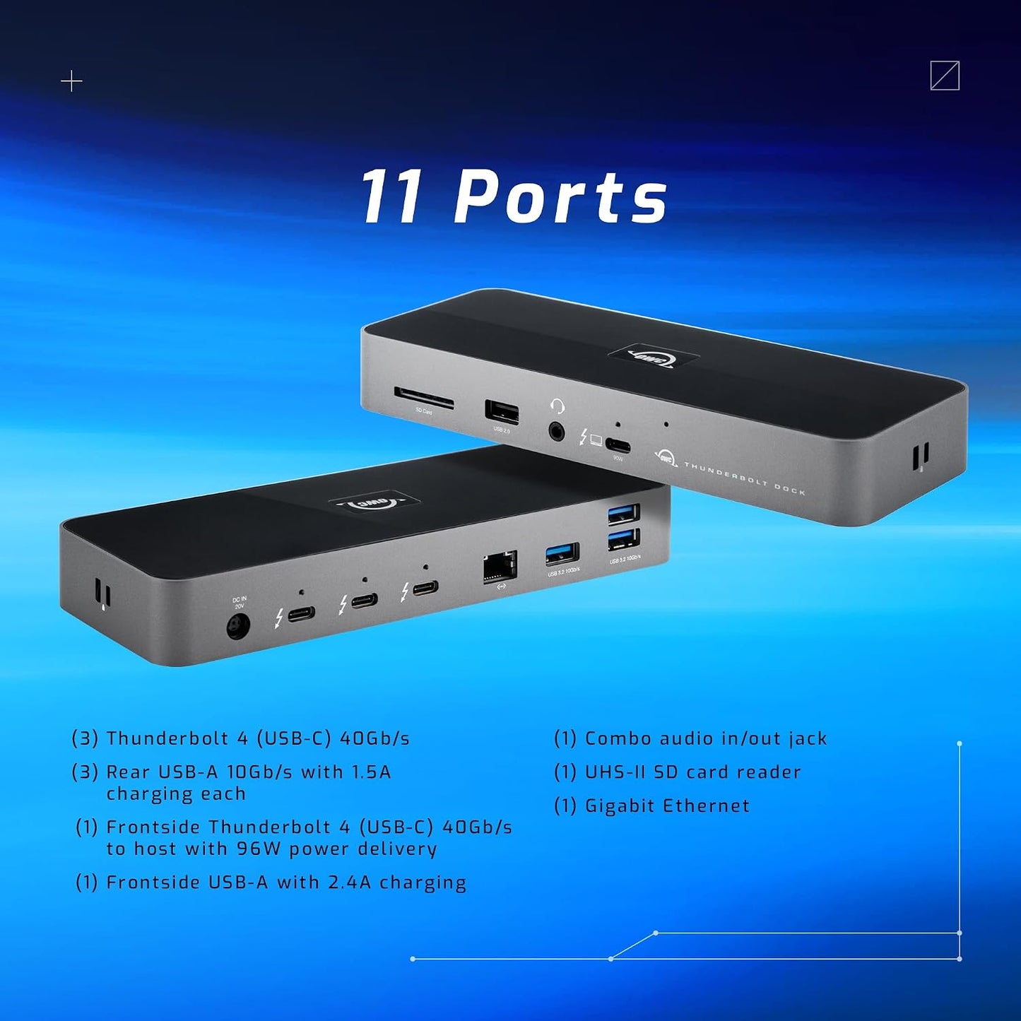 OWC 11-Port Thunderbolt Dock for Mac/PC with 96W PD and 3X Thunderbolt 4 | Thunderbolt 4 dock, 40Gb/s, 96W charging, 3x Thunderbolt 4, 3x USB A 10Gb/s, USB 2.0, 1GbE, SD UHS-II, 3.5mm audio
