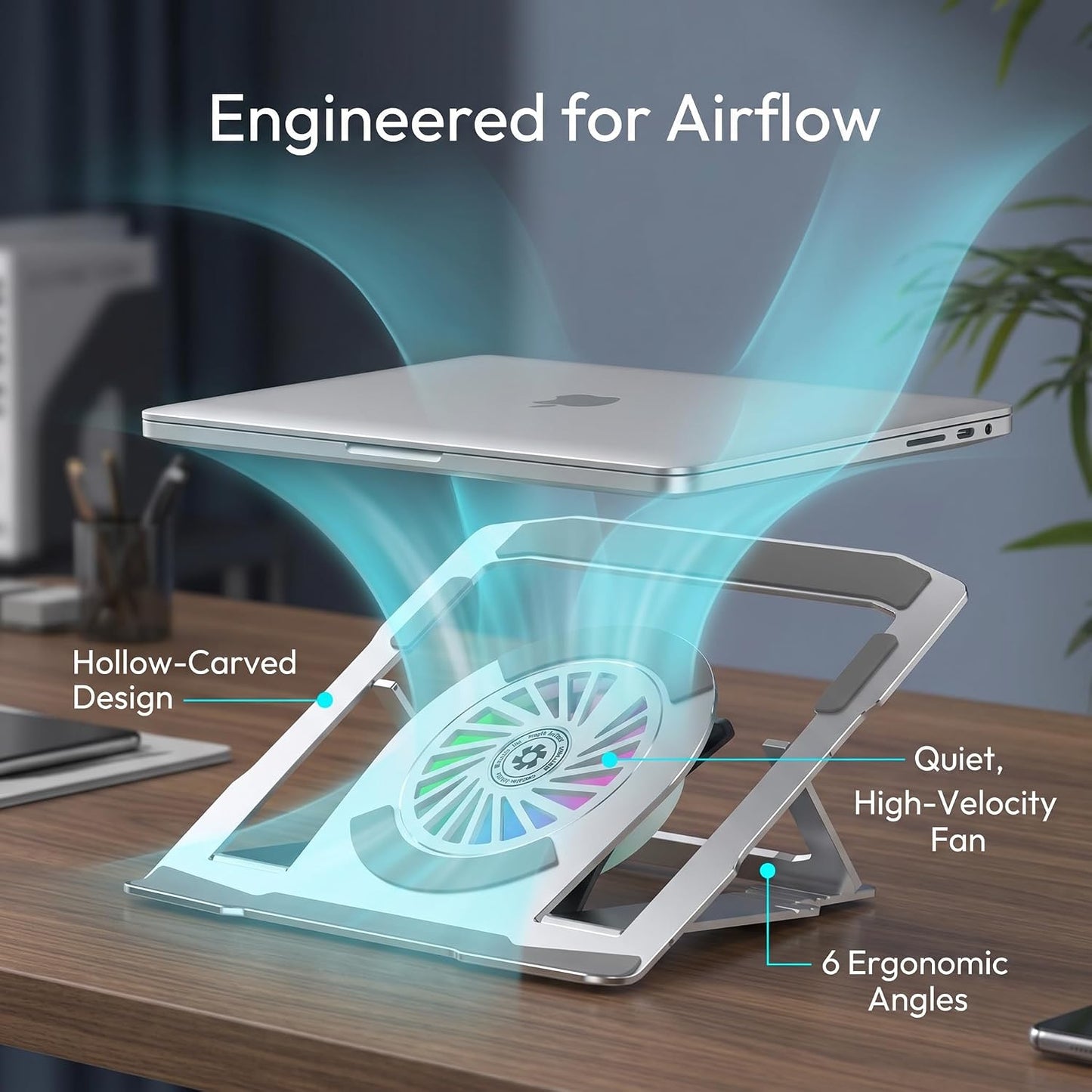 BudddhiGear Laptop Stand, Aluminum Heat Dissipation, Built-in Fan, 6 Height Adjustment, Rotatable, for Laptop