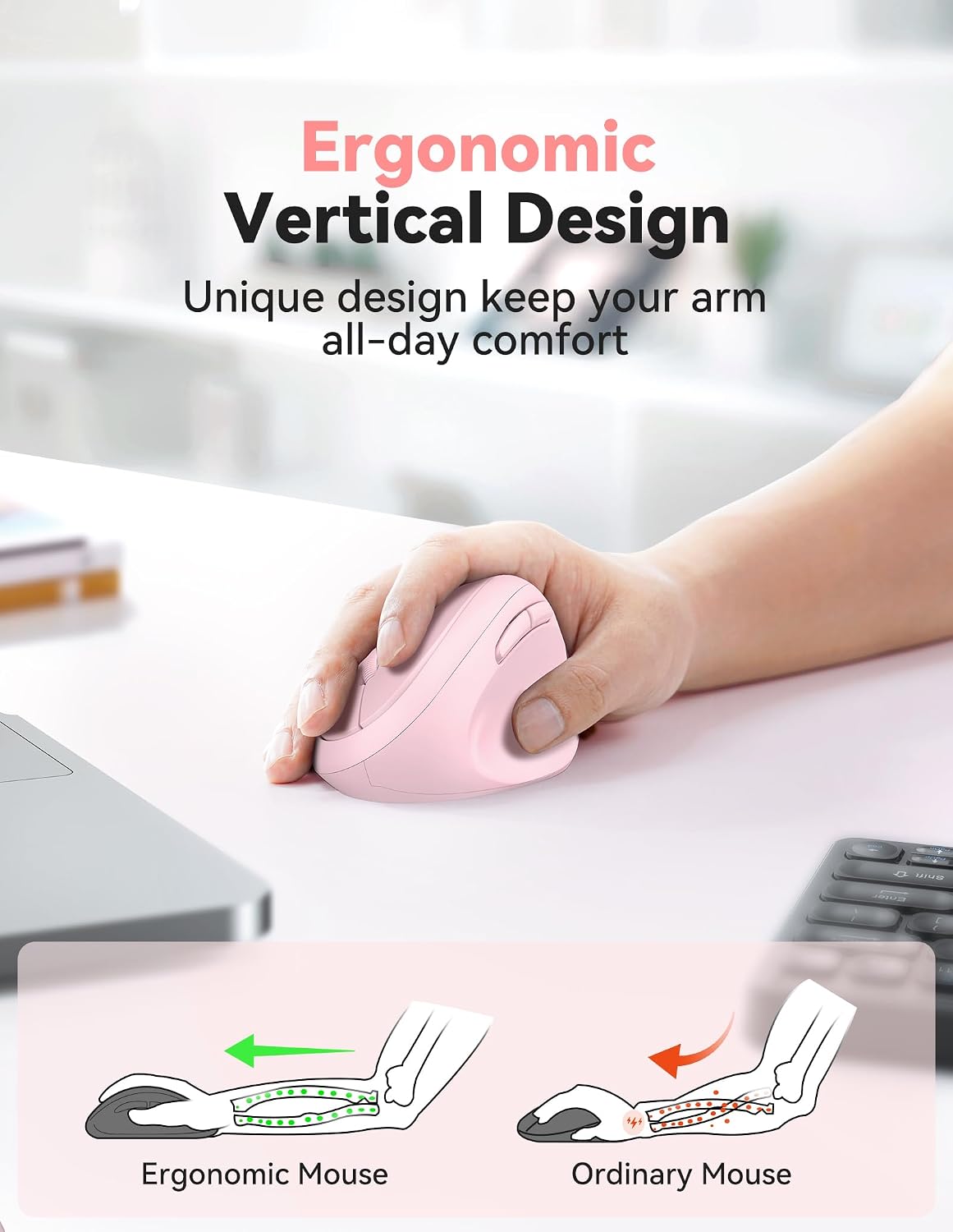 TECKNET Ergonomic Mouse, Bluetooth Wireless Vertical Mouse, Rechargeable Battery, Quiet Clicks, 4800 DPI Adjustable, BT5.0/3.0 & 2.4G Connect, Easy to use, Wide Compatibility - Pink