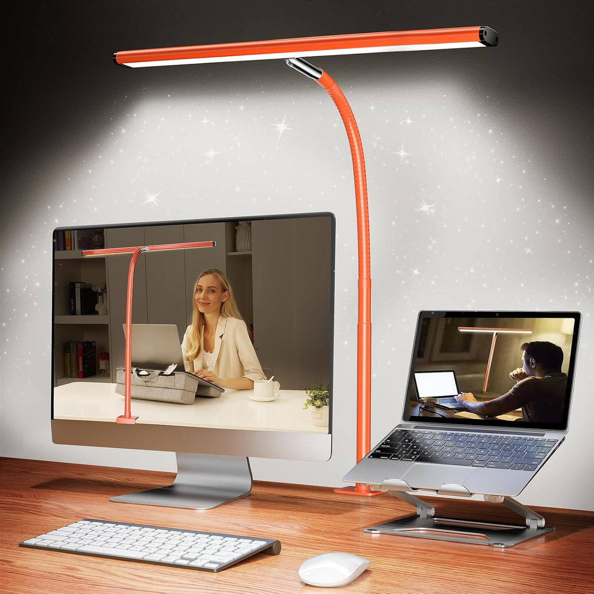 Airlonv LED Desk Lamp with Clamp, 17" Stepless Dimming Light, Orange