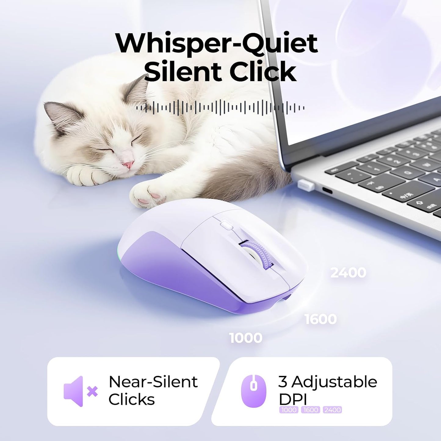 seenda MOU110 Wireless Bluetooth Mouse, Rechargeable & RGB, Purple | 2.4G USB & Bluetooth, Silent, 3-Level DPI, Right-Hand Ergonomic Mouse for Laptop, iPad, MacBook, Desktop Work & Casual Gaming