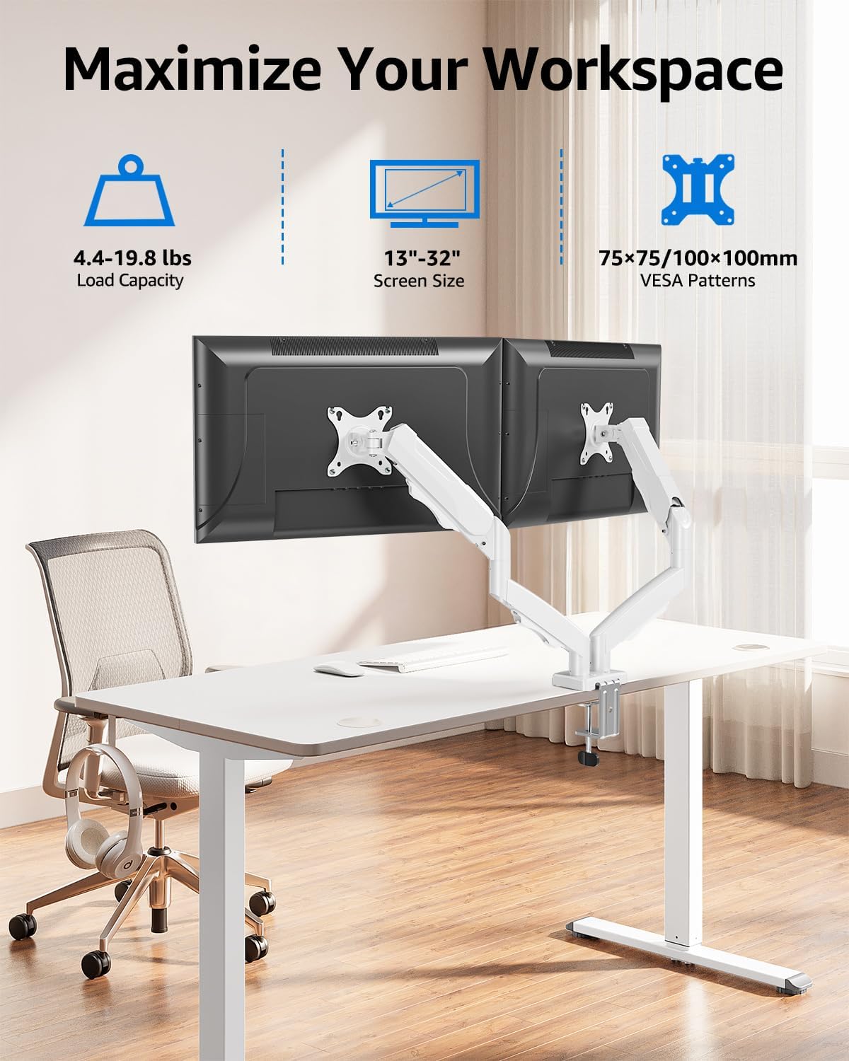 MOUNTUP Dual Monitor Stand for Desk, Monitor Arms for 2 Monitors Max 32 Inches, Height Adjustable Double Monitor Mount, VESA Mount with C-Clamp & Grommet Base, Holds 4.4-17.6lbs, White