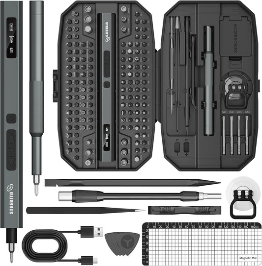 STREBITO Electric Screwdriver, 155 in 1 Precision Electric Screwdriver Set | Upgraded 5 Torque & Indicator, 140 S2 Magnetic Bits, 500mAh Battery, Electronics Tool Kit for RC, Computer, PC, Laptop, Phone