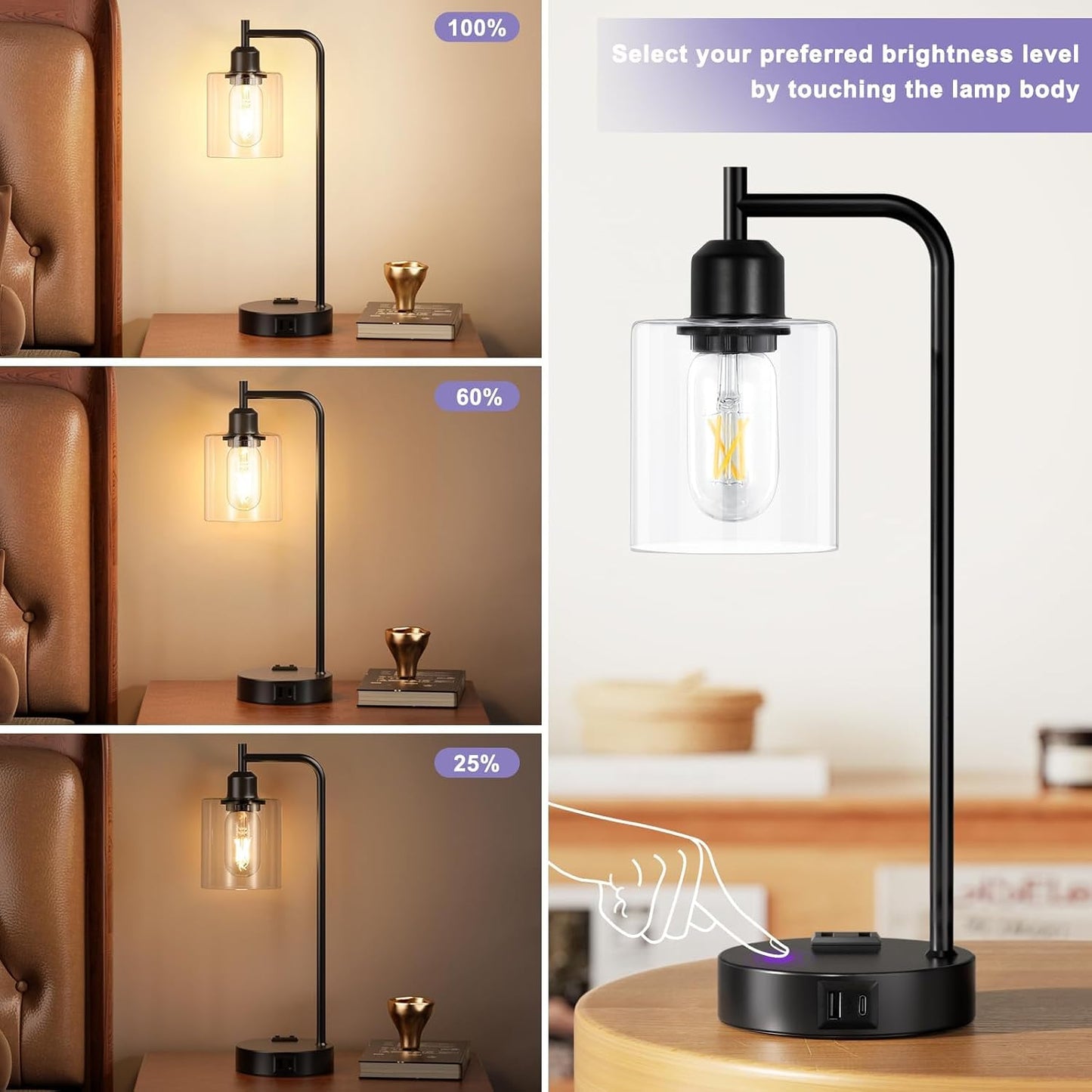 Industrial Touch Lamps for Nightstand Set of 2, 3-Way Dimmable Bedside Lamp | Glass Shade, USB C+A Charging Port & Outlet, Black Desk Lamps for Bedroom, Living Room, Home Office, Reading