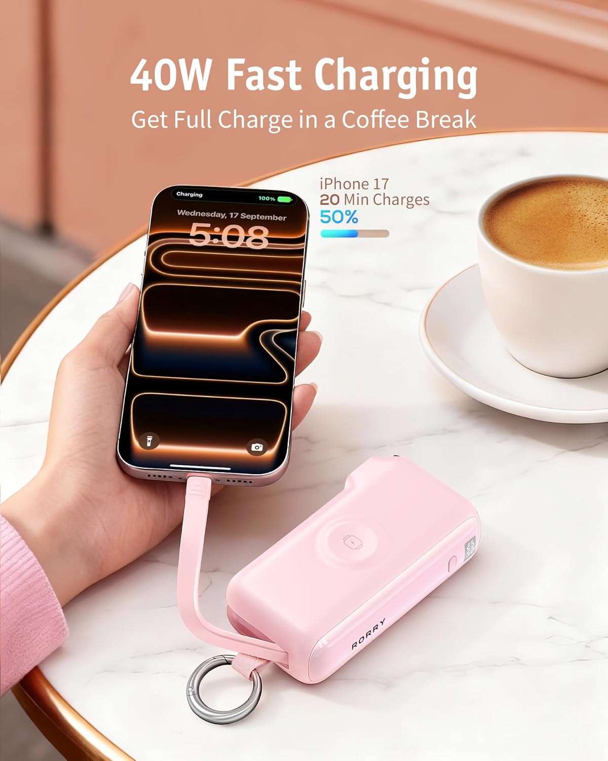 RORRY Flow Portable Charger 10000mAh 40W Wall Plug Power Bank Battery Pack | Built-in USB-C Cable, Keychain Design, Fast Charging, for iPhone 17/16/15, Apple Watch, iPad, 3-in-1, Travel Essential
