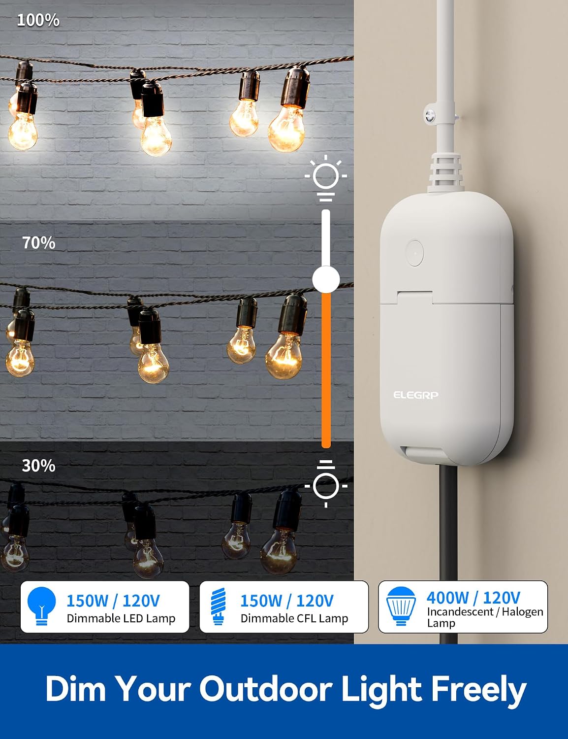 ELEGRP PQR11 Outdoor Smart Dimmer Plug Waterproof IP66, Smart WiFi Plug Compatible with Alexa & Google Assistant, Outdoor Dimmer for String Lights, No Hub Required, UL Certified, 1 Pack, Grey